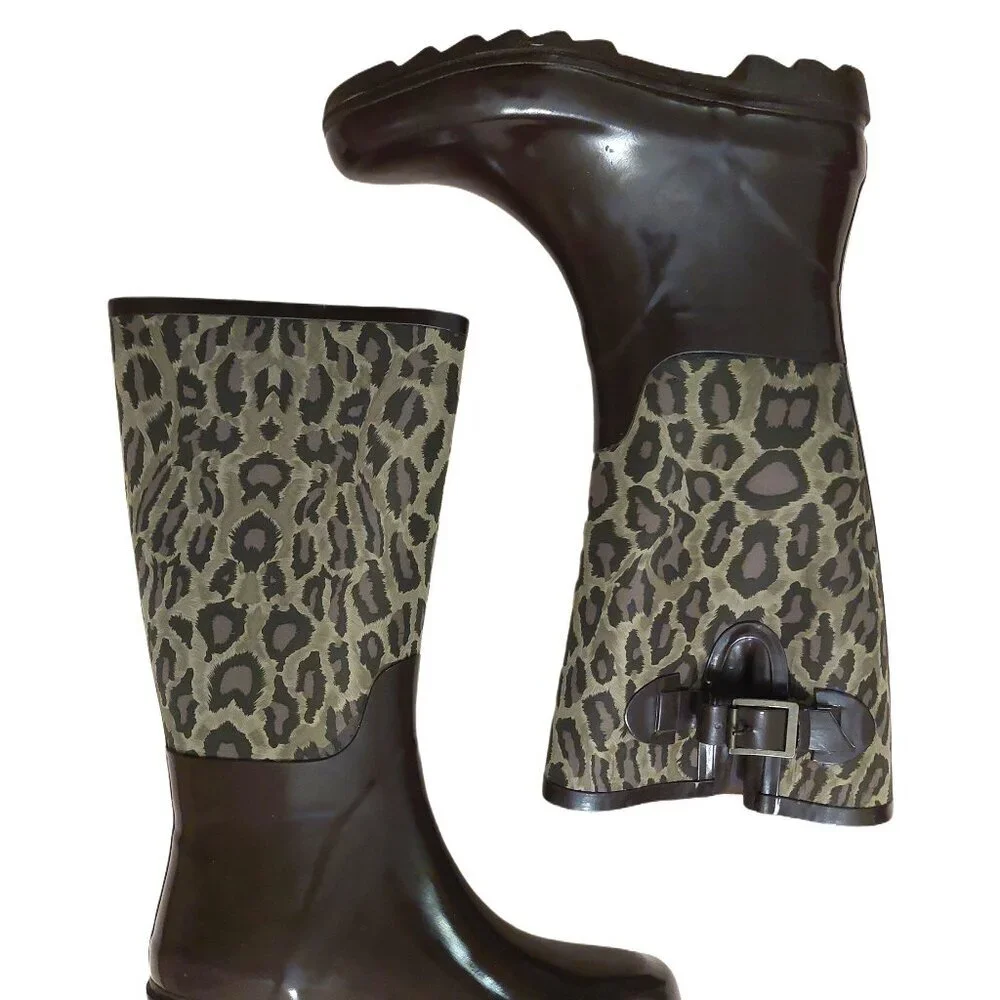 BCBGGeneration Madison Leopard Rubber Rain Boots Retail $395